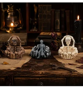 Gothic Halloween resin skeleton ashtrays and grey alien figurine set for spooky decor