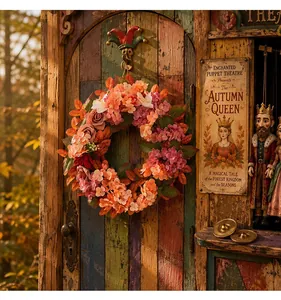 Dettaglio della ghirlanda autunnale con ortensie e rose appesa a una porta in legno.