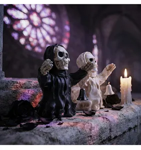 Atmospheric detail of praying Halloween skeleton figurines in a Gothic church