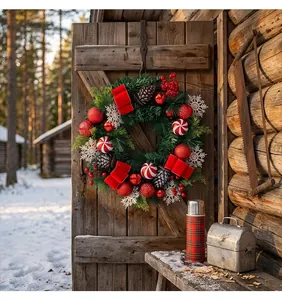 Gedetailleerd zicht op een kerstkrans met dennenappels en sneeuwvlokken op houten deur
