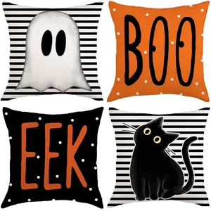 Detaillierte Ansicht des Halloween-Kissenbezug-Sets mit Geist und schwarzer Katze