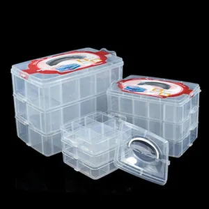 Vue de trois boîtes de rangement transparentes emboîtées avec couvercles à poignée