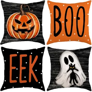 Halloween-Kissenbezüge-Set aus vier Teilen mit Geist-, Kürbis- und Gruseltext-Motiven