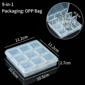 Dimensions détaillées de la boîte de rangement en plastique transparent à 9 compartiments.
