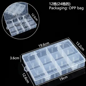 Vue détaillée d'une boîte de rangement transparente en plastique avec dimensions