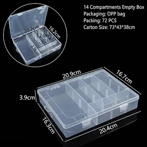 Dimensions détaillées de boîte de rangement en plastique à 14 cases pour bijoux et accessoires.