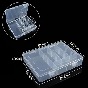 Dimensions détaillées de boîte de rangement en plastique à 14 cases pour bijoux et accessoires.