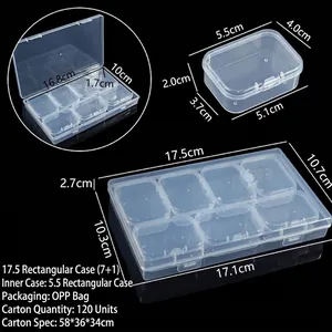 Vue détaillée d'une boîte de rangement en plastique transparent avec dimensions et casiers.