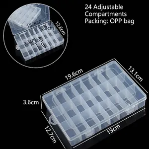 Boîte de rangement transparente à 24 cases avec dimensions détaillées pour accessoires.