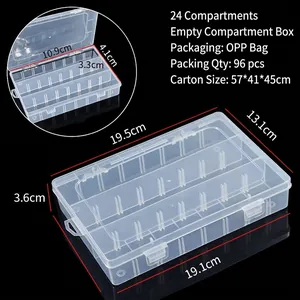 Dimensions détaillées de la boîte de rangement en plastique transparent à 24 compartiments.