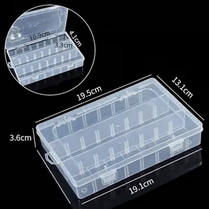 Dimensions détaillées de la boîte de rangement en plastique transparent à 24 compartiments.