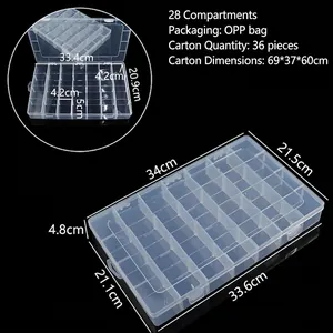 Vue détaillée de la boîte de rangement transparente à 28 grilles avec dimensions