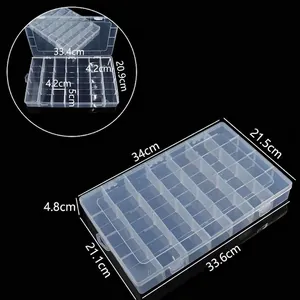Vue détaillée de la boîte de rangement transparente à 28 grilles avec dimensions