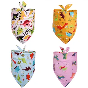 Set of four colorful cotton pet bandanas featuring cute cartoon dinosaur pattern prints