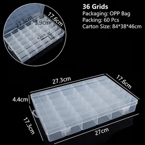 Détail de la boîte de rangement en plastique transparent à 36 compartiments avec dimensions