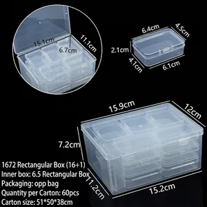 Dimensions détaillées de la boîte de rangement en plastique transparent avec 16 compartiments.