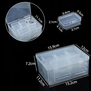 Dimensions détaillées de la boîte de rangement en plastique transparent avec 16 compartiments.