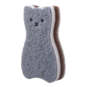 Cat-shaped three-layer dishwashing sponge for kitchen cleaning with cute face cutout
