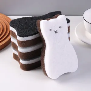 Cute cat-shaped 3-layer dishwashing sponges for kitchen cleaning, set of brown and white