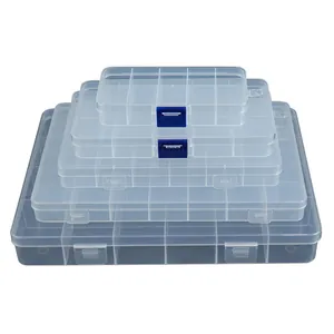 Lot de cinq boîtes de rangement en plastique transparent avec compartiments variés