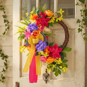 Spring Summer Floral Wreath For Front Door Decoration Natural Rattan Base Artificial Rose Hydrangea Flower Wreath With Ribbons Home Decor Wall Hanging Ornament