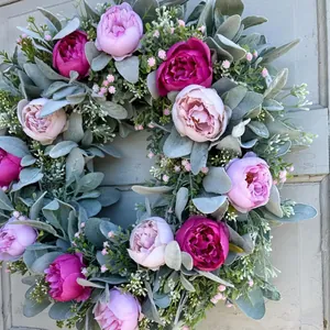 Artificial Peony Wreath Three-Color Pink Purple Red Flower Garland For Front Door Wall Decoration Spring Summer Home Decor 45cm