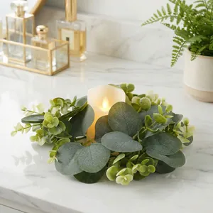 Artificial eucalyptus leaf candle ring wreath for elegant home table centerpiece decor