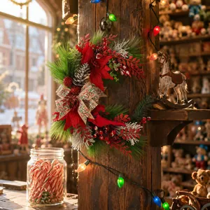 Christmas Pine Branch Red Berries Cardinal Wreath Wall Hanging Artificial Pine Needle Pinecone Bow Decoration For Xmas Party Home Door Decor