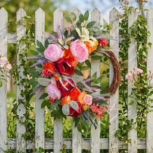 Vibrant artificial pink and orange peony floral wreath for front door garden decoration