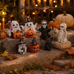 Set of Halloween resin figurines with ghost skeleton and pumpkin for festive decor