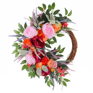 Handcrafted artificial pink and orange peony floral wreath for autumn front door decoration