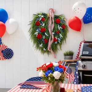 Patriotic red white and blue floral wreath for American Independence Day door decor