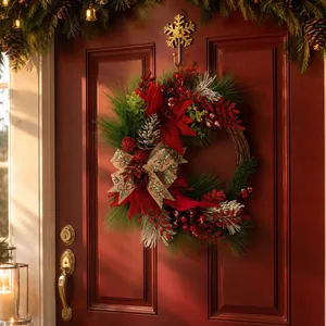Traditional Christmas wreath featuring pine branches, red berries, and a cardinal bird