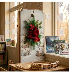 Burgundy flocked Christmas wreath with red berries hanging in a cozy holiday room.