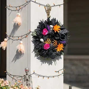 Halloween Wreath Black Maple Leaf Skull Skeleton Hand Purple Spider Web Gothic Door Wreath For Festive Home Party Decoration