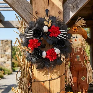 Τρομακτικό στεφάνι Halloween με χέρια σκελετού και κόκκινα τριαντάφυλλα για πόρτα