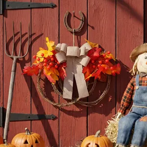 Autumn maple leaf and red berry rattan wreath for Thanksgiving front door decoration