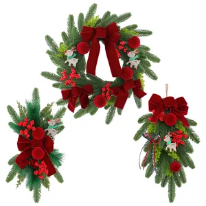 Elegant Christmas wreath set featuring wine red velvet bows and flocked red berries decor