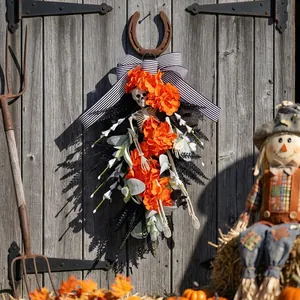 Halloween Skeleton Wreath Orange Flower Hanging Swag Decor With Striped Bow Gothic Skeleton Wreath For Front Door Outdoor Party Decor