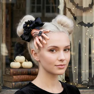 Pinza para el Cabello Mano Cortada de Halloween Lazo de Satén Negro Araña Rosa Pinza de Garra Gótica Accesorio para el Pelo