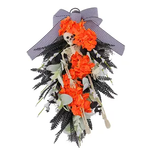 Halloween hanging wreath with skeleton and vibrant orange flowers for home decor