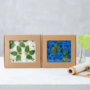 Set di Scatole di Fiori di Rose in Schiuma PE Artificiale Decorazione per Feste in Casa di Nozze Rose Simolate Con Foglie Confezione Regalo Kraft