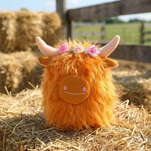 Mucca delle Highland Peluche Arancione a Pelo Lungo Animale di Peluche Con Corona di Fiori Decorazione Stanza Carina Regalo per Bambini Adulti