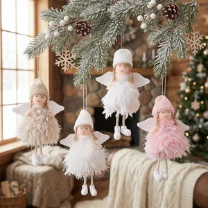 Set of 4 plush Christmas angel ornaments with fluffy feather bodies for tree decoration