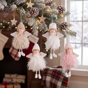 Set of four plush Christmas angel ornaments with soft feather skirts for tree decoration