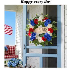USA 250 Independence Day wreath with red white blue flowers and wooden sign decor