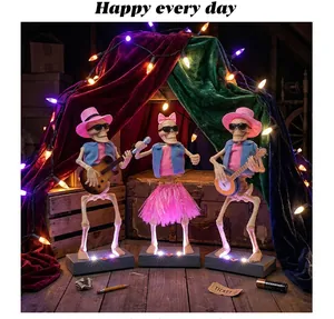 Detailed view of musical Halloween skeleton band figures with festive lighting props