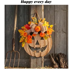 Rustic wooden Halloween pumpkin sign decorated with vibrant autumn maple leaves