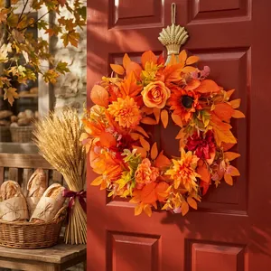 Ghirlanda del Ringraziamento Foglia di Acero Rosso Arancio Raccolto Autunnale Decorazione da Appendere alla Porta Fiori Artificiali