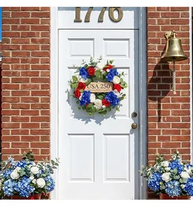 Detailed scene of USA 250th anniversary commemorative wreath with red white and blue flowers